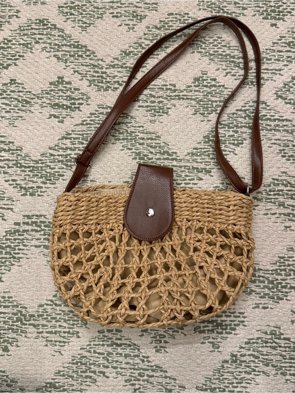 Woven Straw Crossbody Bag with Brown Leather Trim